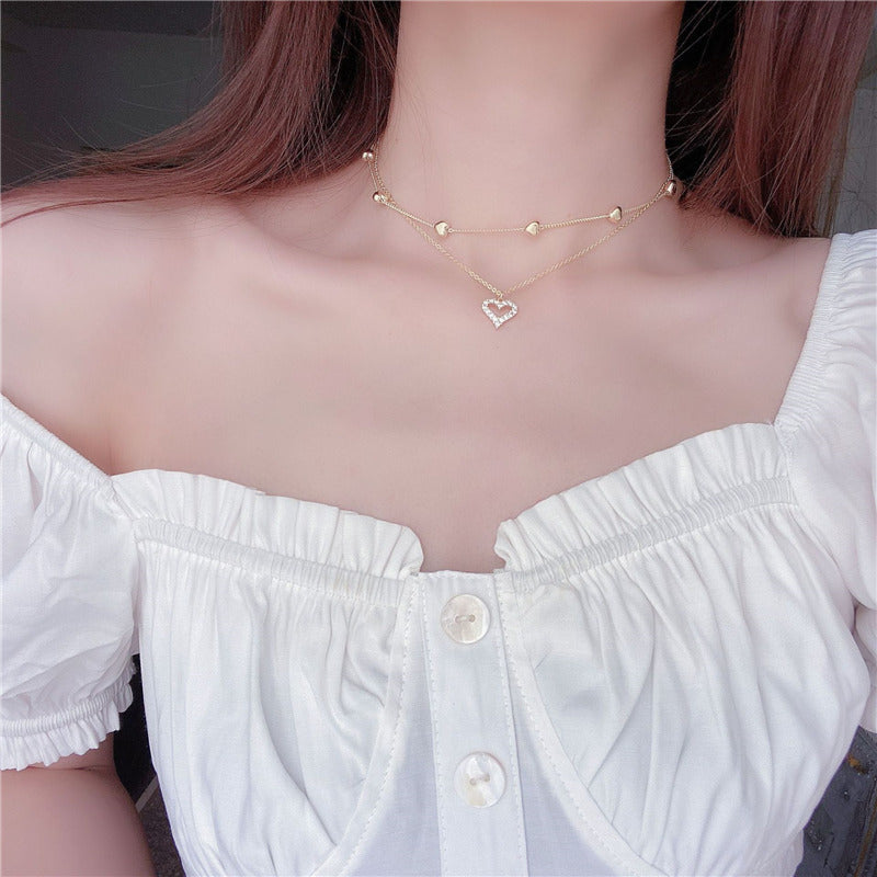 Arzonai Double-layer love set chain gold flashing diamond zircon clavicle chain niche design temperament necklace female Japanese and Korean fashion accessories