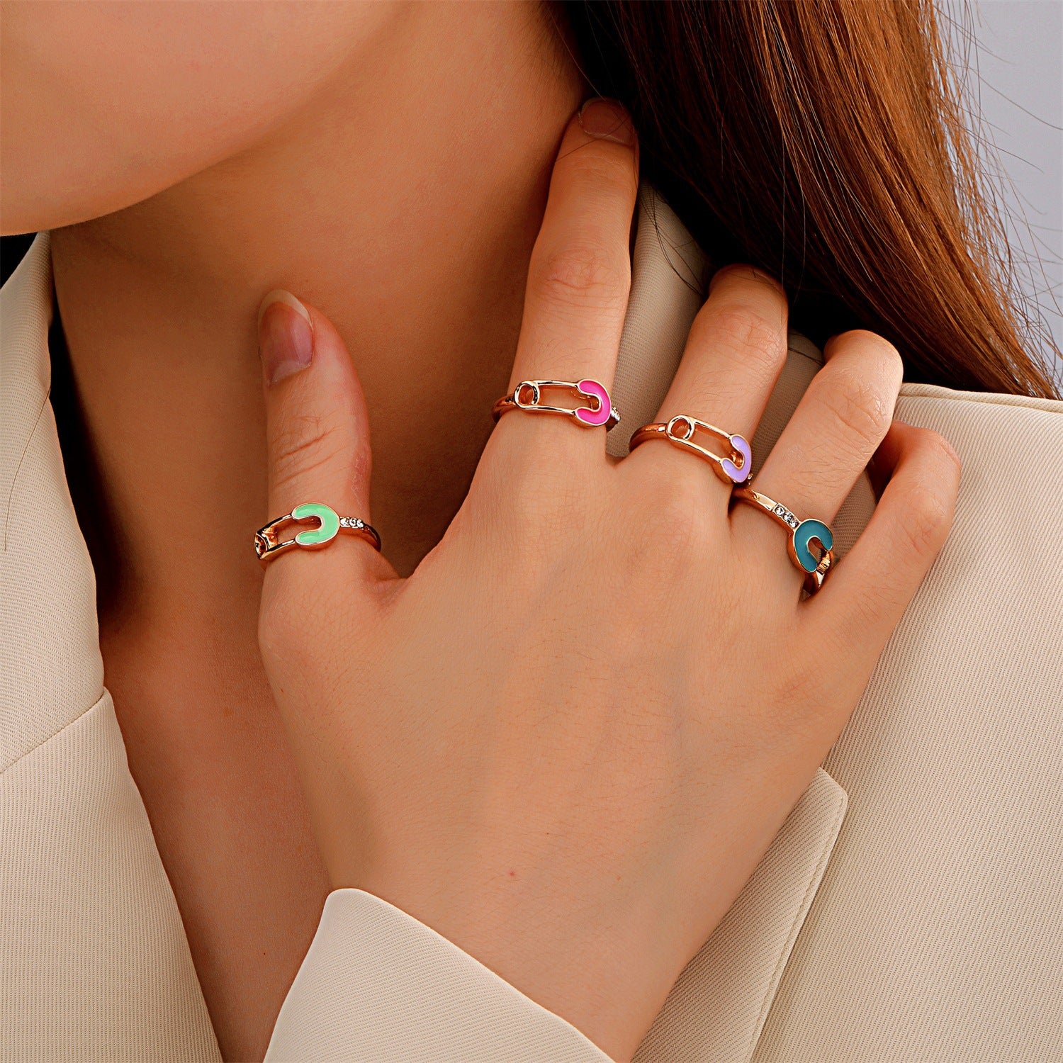 Arzonai creative color dripping oil diamond paper clip ring net celebrity ins cold wind pin index finger ring female
