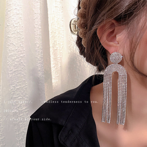 Arzonai U-shaped jellyfish diamond tassel earrings European and American high-end tassel long earrings design earrings women-Silver