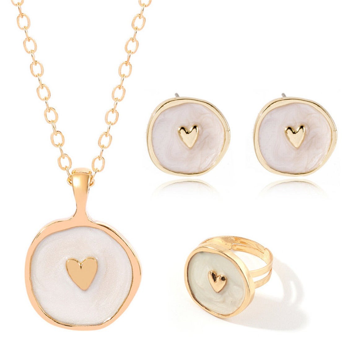 Arzonai Simple Fashion Gold Color Coin Heart Necklace Enamel Stars Moon Necklace Stainless Steel Enamel Heart Round Pendant Necklace Set