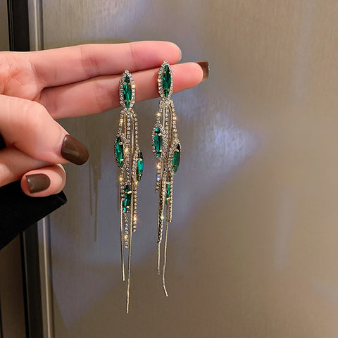 Arzonai  Womens Emerald Tassel Earrings Gold Girls Green Crystal Jewelry Hypoallergenic Statement Dangle Earrings Bling Dainty Fashion Drop Earring
