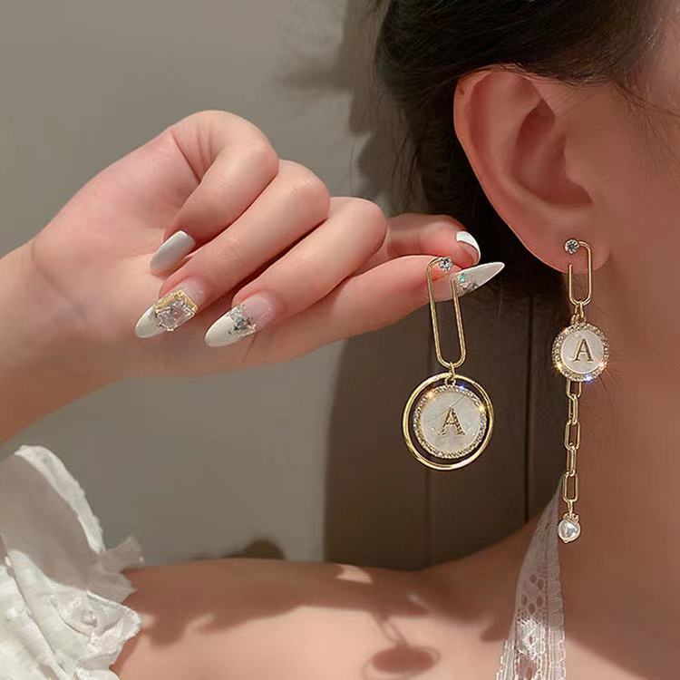 Arzonai diamond shell letter A hoop earrings Korean personality asymmetric earrings niche design earrings