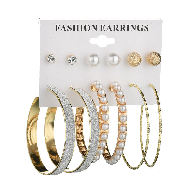 Arzonai New European and American fashion exaggerated pearl hoop earrings 6 pairs plate frosted diamond earring set