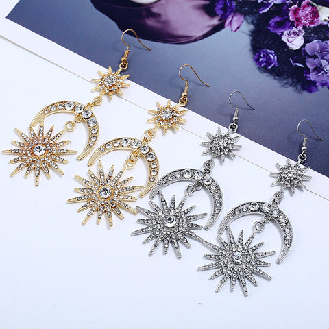 Arzonai European and American explosion models exaggerated fashion exquisite rhinestone geometric star earrings earrings sun moon retro earrings women