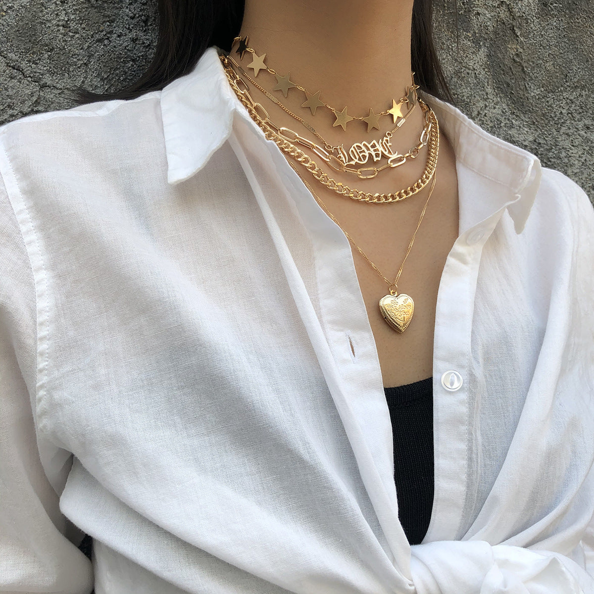 Arzonai jewelry retro chain open peach heart necklace female personality multi-layer star-shaped LOVE geometric necklace