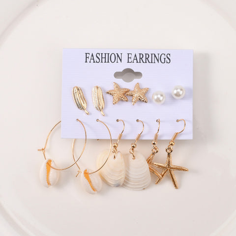 Arzonai  explosive alloy starfish leaf earrings set simple beach style shell pearl earrings 6-piece set