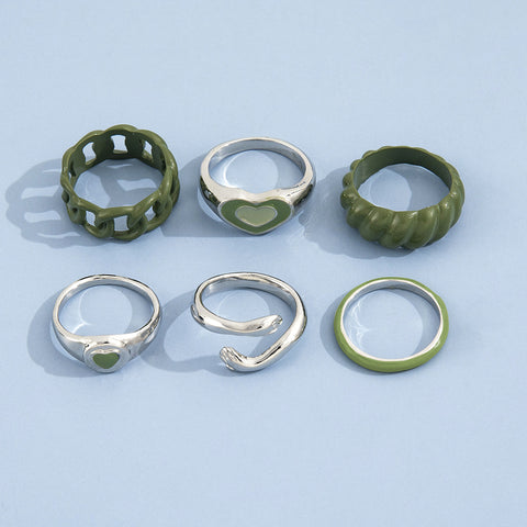 Arzonai Hug Me Silver Double Heart Green Croissant Rings Set  6PC/Set