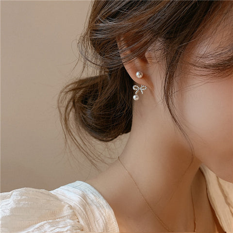 Arzonai South Korea's sweet commuter c-bit pearl bow earrings simple and small girl earrings temperament  earrings for Girls and Women