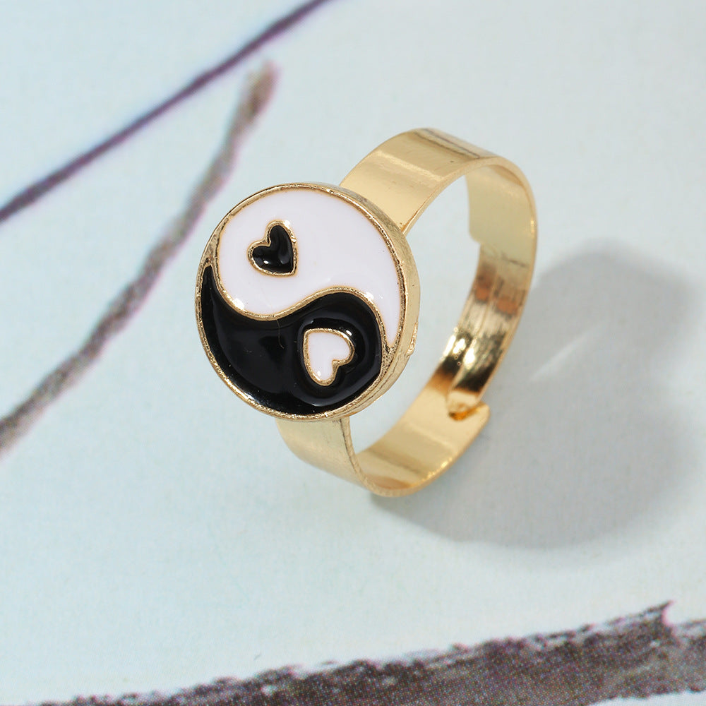 Arzonai YING YANG style jewelry ins trend alloy dripping oil index finger ring tail ring love gossip ring