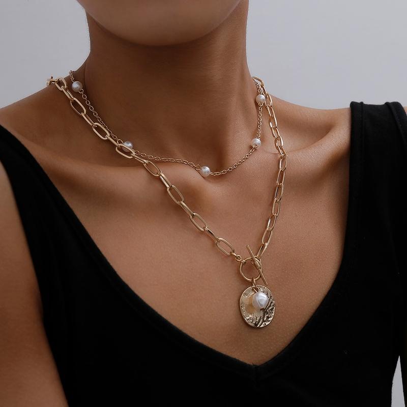 Arzonai explosive chain pearl double-layer necklace, creative retro temperament ins long stacking pendant sweater chain for Women and Girls
