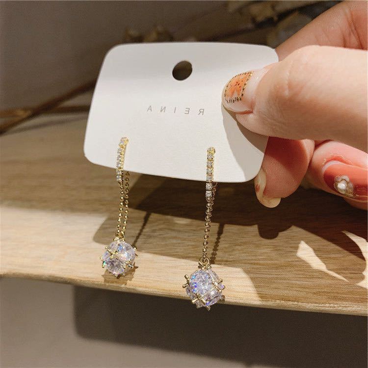 Arzonai needle creative zircon chain tassel earrings temperament square simple Japanese and Korean earrings for Girls and Women