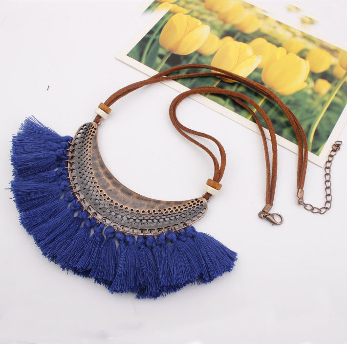 Arzonai tassel necklace, European and American jewelry, big crescent ring, accessories, big bohemian tassel sweater chain