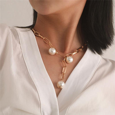 Arzonai aroque Pearl Pendant Choker Necklace for Women Wedding Punk Big Bead Lariat Gold Color Long Chain Necklace Jewelry