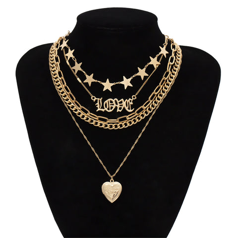 Arzonai jewelry retro chain open peach heart necklace female personality multi-layer star-shaped LOVE geometric necklace