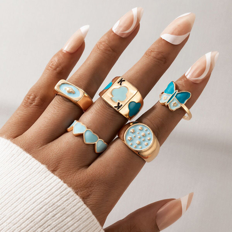 Arzonai blue love plum blossom butterfly geometric drip ring 5-piece set