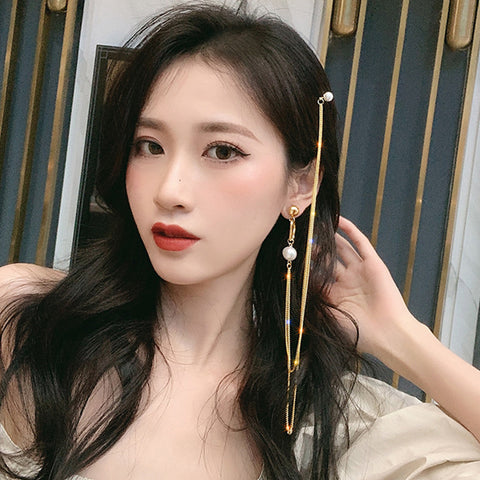 Arzonai   Long Pearl Personality Hairpin Fashion Exaggerated Pearl Geometric Irregular Stud Earrings