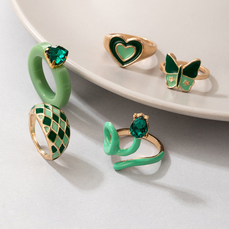 Arzonai ins wind small fresh green butterfly snake double love diamond 5-piece ring