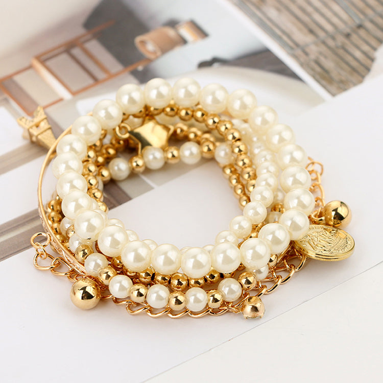 Arzonai Korean version of the sweet Eiffel Tower logo pearl retro bracelet coin six-piece jewelry multi-layer elastic bracelet