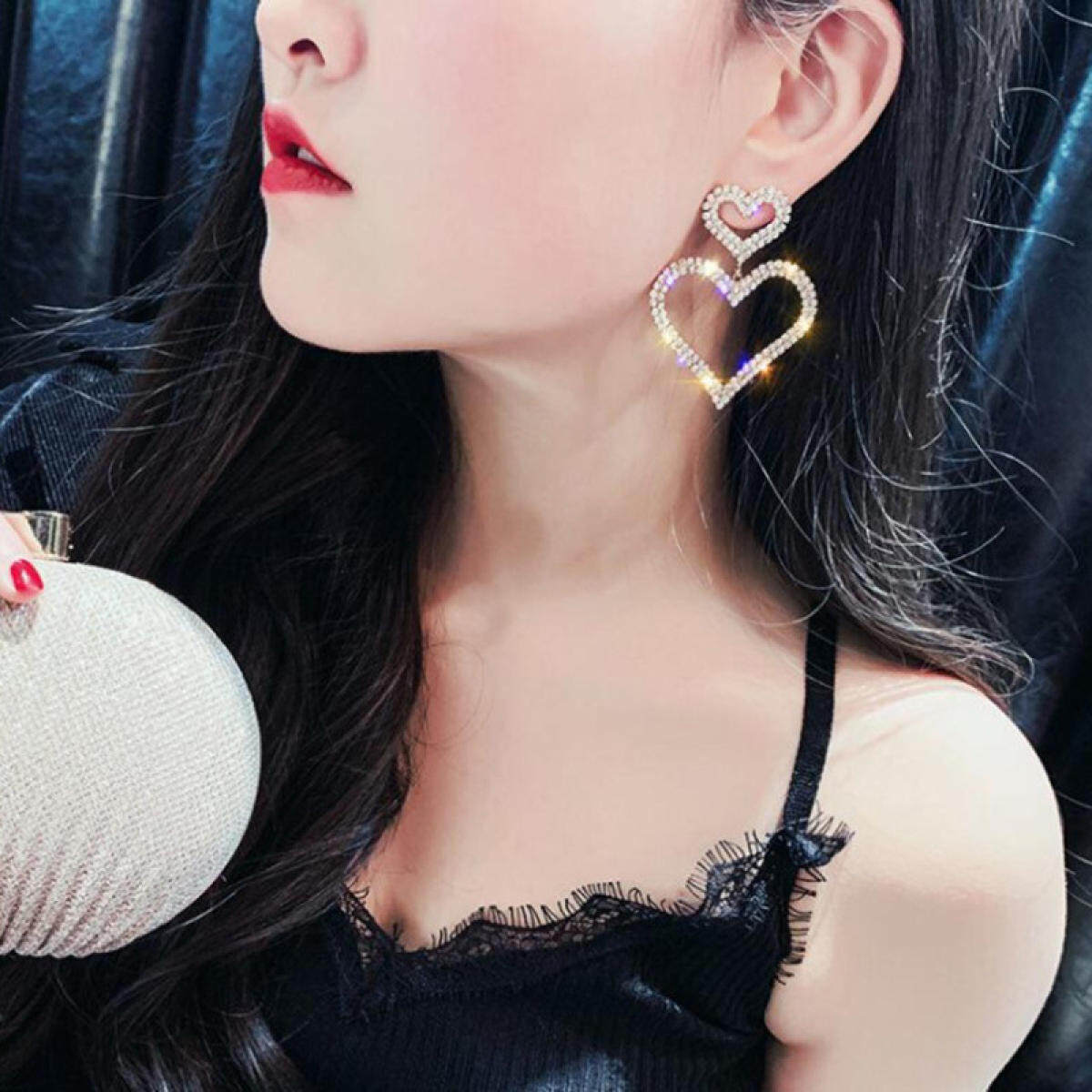 Arzonai Luxury double heart shaped drop earrings large statement crystal rhinestone earrings for women
