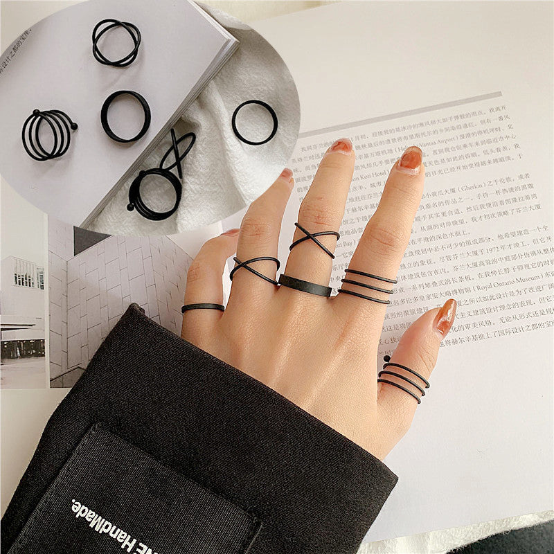 Arzonai  hot selling black ring set ins simple geometric joint ring personality niche design hand jewelry for women and Rings