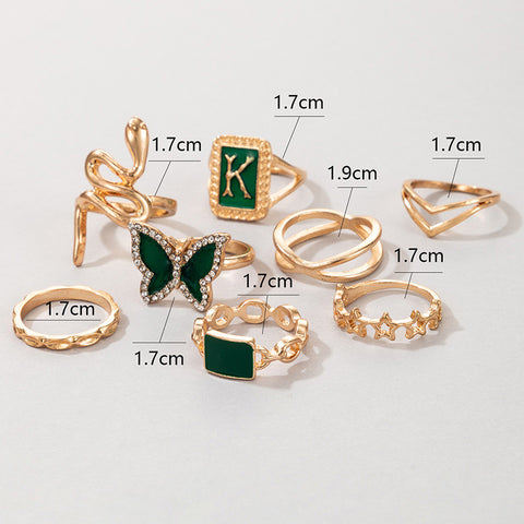 Arzonai new ring gold green K letter snake-shaped butterfly five-pointed star 8-piece ring for women