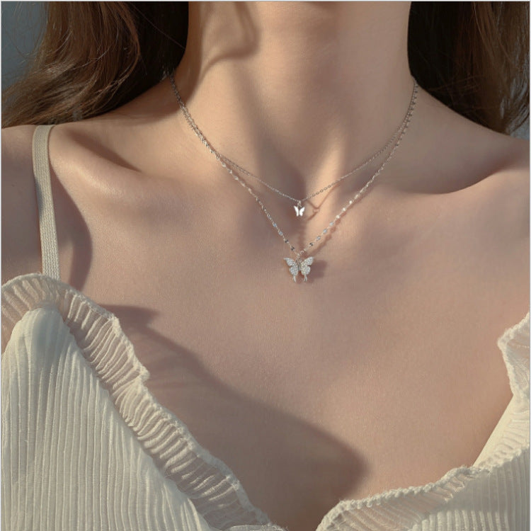 Arzonai fashion simple personality necklace diamond butterfly double-layer necklace temperament design sense necklace-Silver