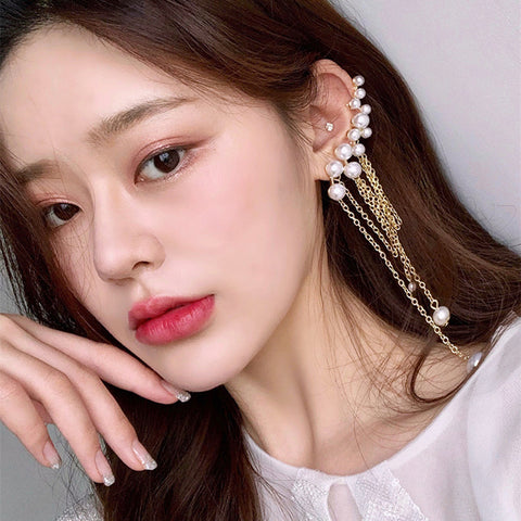 Arzonai  pearl tassel asymmetric ear bone clip one-piece earrings Korean personality temperament fashion net red earrings for women and Girls