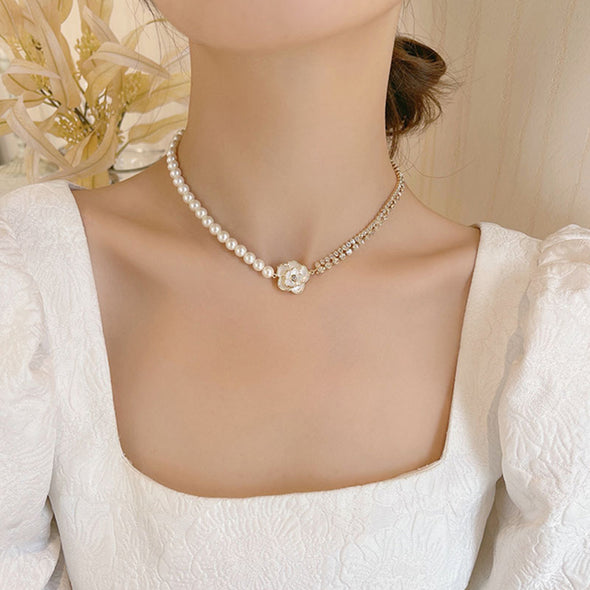 Arzonai  fairy temperament rhinestone pearl stitching camellia necklace 2022 new fashion sweet collarbone chain for Girls and Women