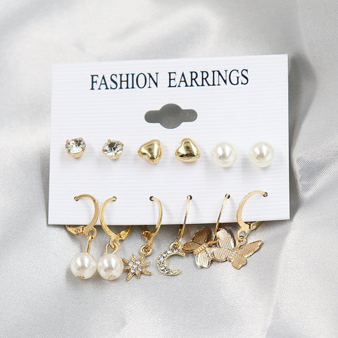 Arzonai pairs of combination earrings set star moon pearl butterfly French hook earrings factory wholesale