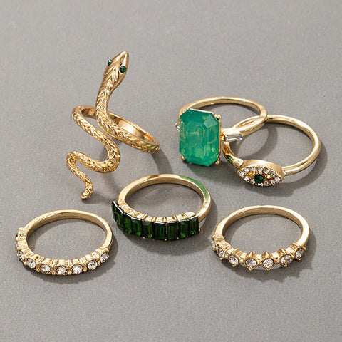 Arzonai creative green diamond-studded snake ring 6-piece retro emerald zircon joint ring