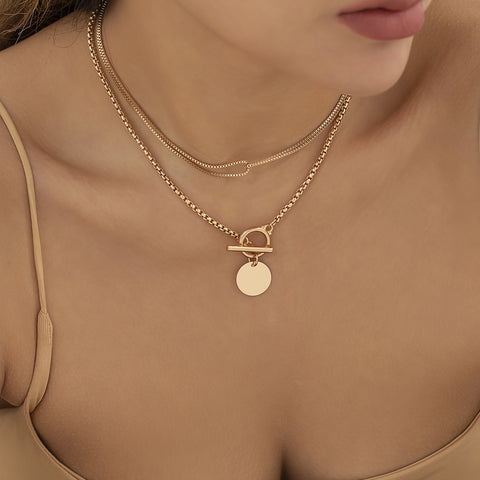 Arzonai French temperament stacking box chain metal retro necklace geometric simple double-layer OT buckle sequin clavicle chain