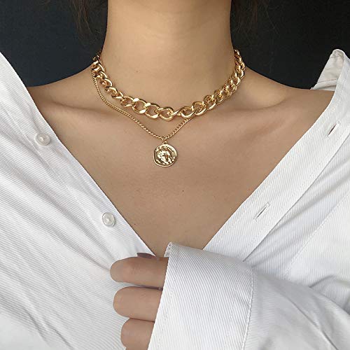 ARZONAI Punk Vintage Layered Portrait Coin Pendant Chunky Thick Cuban Link Chains Choker Necklaces For Women and Girls