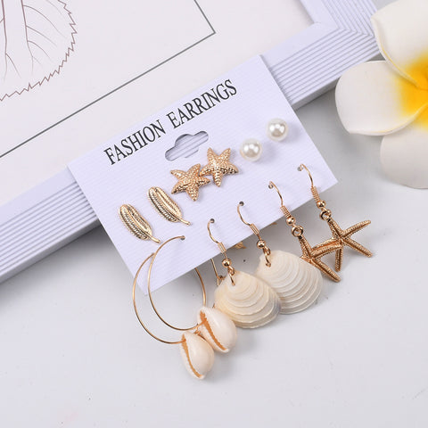 Arzonai  explosive alloy starfish leaf earrings set simple beach style shell pearl earrings 6-piece set