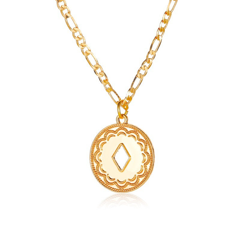 Arzonai Cross-border new personality disc hollow diamond necklace retro ethnic disc pattern men and women neck chain clavicle chain