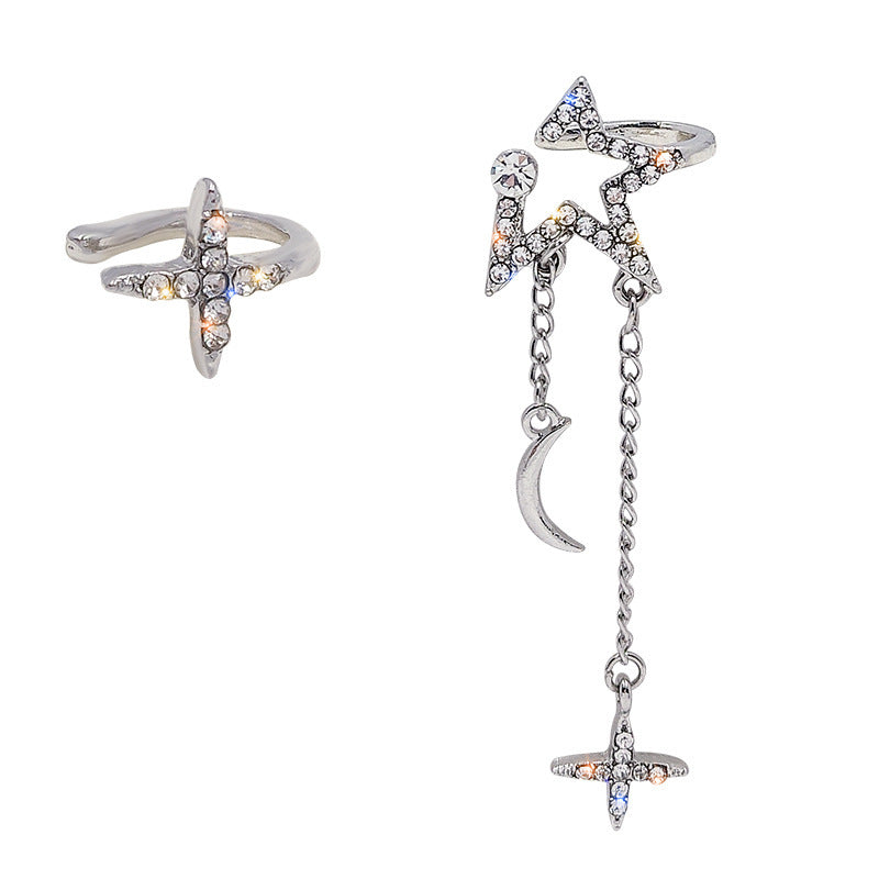 Arzonai New star and moon asymmetric earrings female sterling silver new high-end trendy ins wind tassel earrings luminous earrings