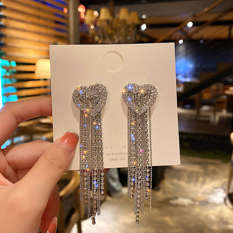 Arzonai 925 silver needle Korean temperament full diamond love earrings long tassel earrings fashion trendy net red exaggerated earrings female