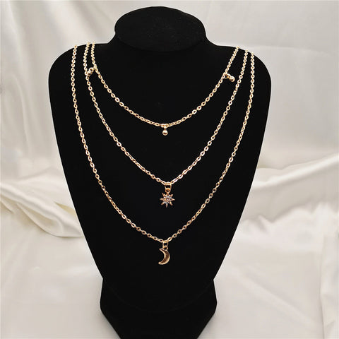 Arzonai Cross-border exclusively for European and American round beads, full diamonds, stars, moon, multi-layer necklaces, cross-border explosions, hot-selling jewelry manufacturers for women and Girls