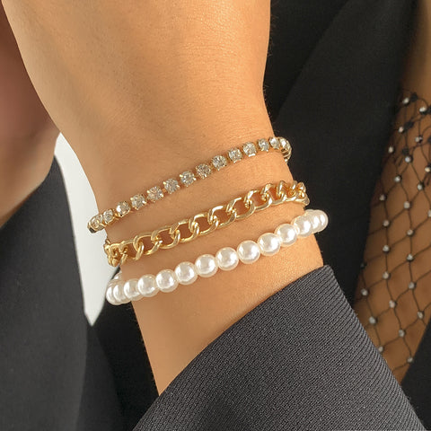 Arzonai jewelry temperament cold wind pearl chain multi-layer bracelet hip-hop geometric ring diamond bracelet