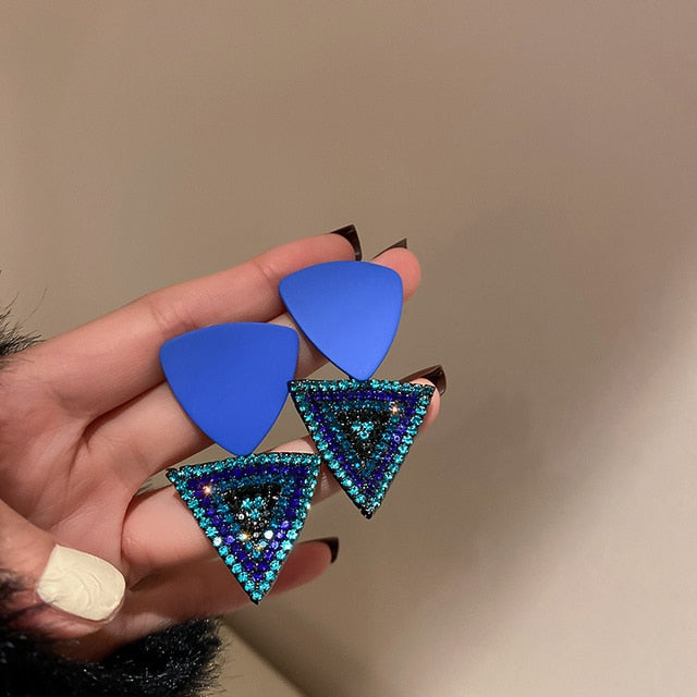 Arzonai  Korean Style Triangle Blue Rhinestone Dangle Earrings Fashion Geometric Drop Earrings For Women Girls Jewelry Gifts