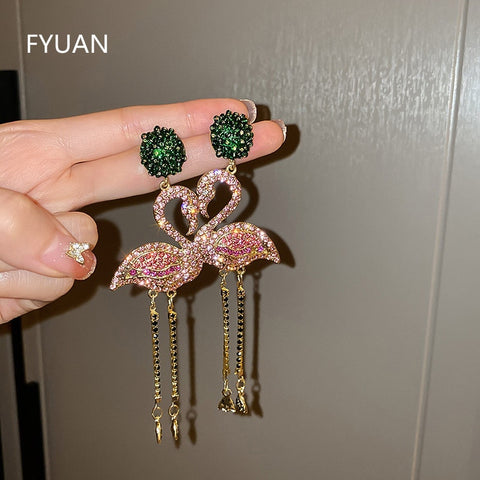 Arzonai  Pink Bird Crystal Earrings for Women Bijouterie Long Dangle Earrings Rhinestone Statement Jewelry