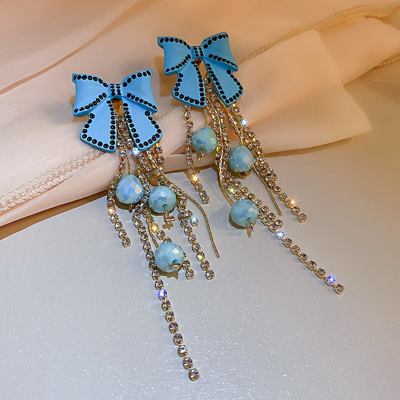 Arzonai  Sweet Blue Bow Kids Summer Dresses Drop Earrings For Women Earrings Long Tassel Crystal Beads Earrings Party Jewelry