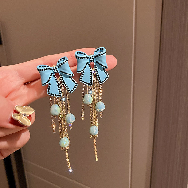Arzonai  Sweet Blue Bow Kids Summer Dresses Drop Earrings For Women Earrings Long Tassel Crystal Beads Earrings Party Jewelry