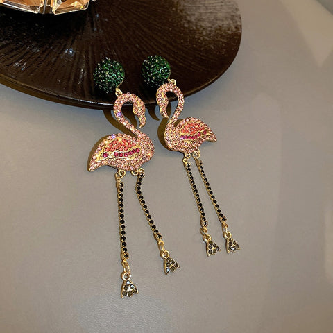 Arzonai  Pink Bird Crystal Earrings for Women Bijouterie Long Dangle Earrings Rhinestone Statement Jewelry