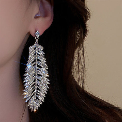 Arzonai  Fashion Crystal Feather Dangle Earrings For Women Gold Silver Color Geometric Drop Earrings Rhinestone Jewelry Gift