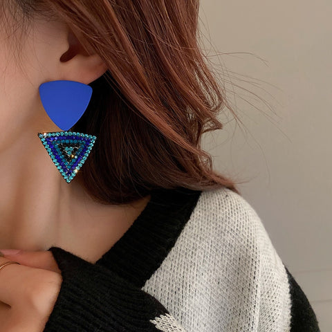 Arzonai  Korean Style Triangle Blue Rhinestone Dangle Earrings Fashion Geometric Drop Earrings For Women Girls Jewelry Gifts