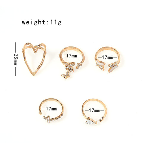 Arzonai cross triangle love heart hollow full diamond dripping butterfly ring 5-piece set joint ring