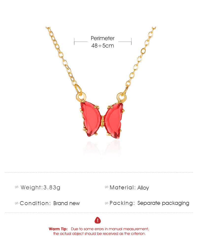 Arzonai wind glass crystal butterfly necklace Korea super fairy dream transparent color glass butterfly clavicle chain necklace