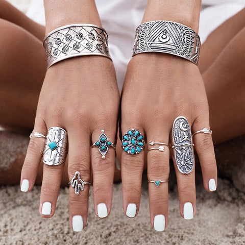 Arzonai New turquoise open 9-piece ring flower cactus triangle arrow tail ring index finger knuckle ring