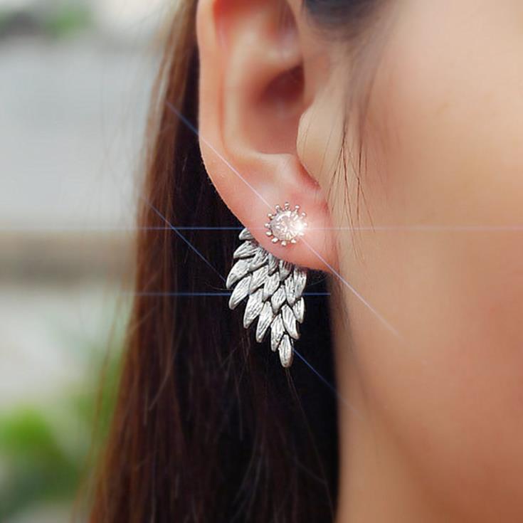 Arzonai foreign trade retro three-dimensional angel wings earrings earrings feather diamond alloy piercing earrings