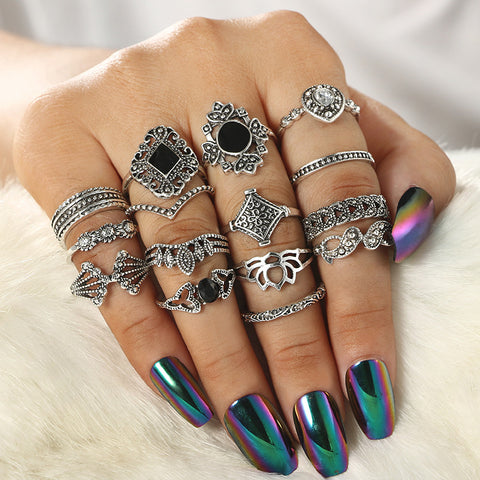 Arzonai Cross-border jewelry 15-piece ring personality trendy fan hollow lotus sunflower geometric black gemstone set ring